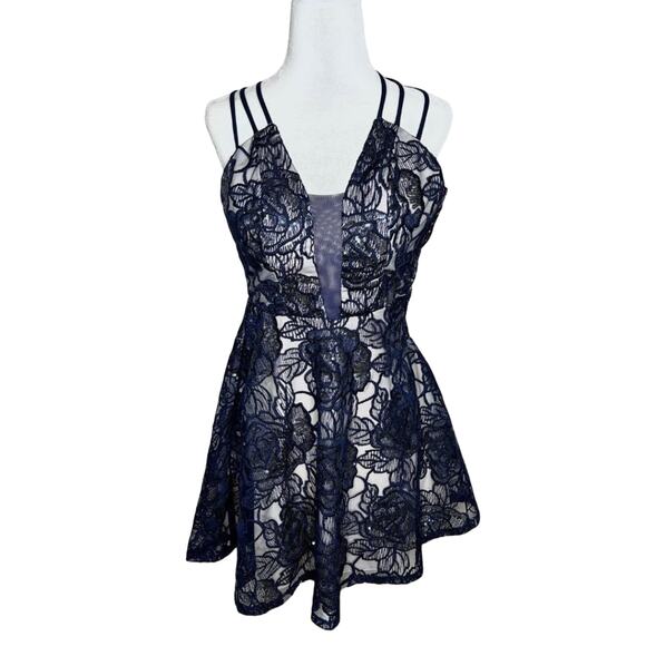 B Darlin Floral Lace Fit and Flare Dress Dark Blue 1/2 - Picture 1 of 13